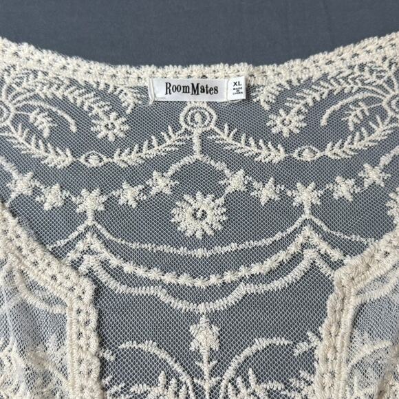 ROOMMATES Lace Duster Cardigan XL Beige Tie at Waist Tassels Boho Romantic Chic - Picture 4 of 11